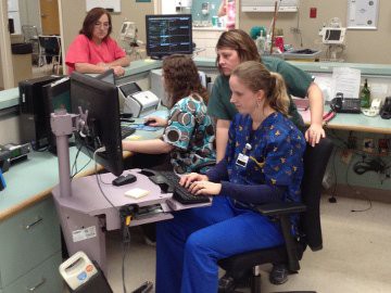 Medical staff working at computers in a hospital setting.