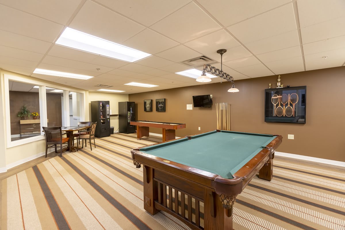 A well-lit game room featuring a pool table and recreational amenities.