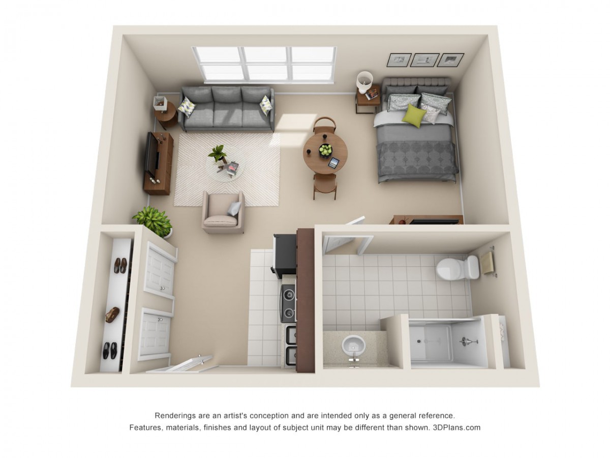 3D floor plan of a one-bedroom apartment featuring a living room, kitchen, and bathroom.