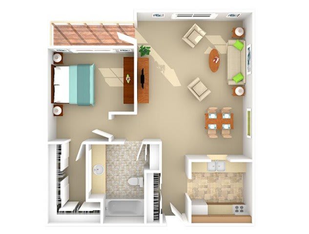 A 3D floor plan featuring a one-bedroom apartment with a living room, kitchen, and bathroom.