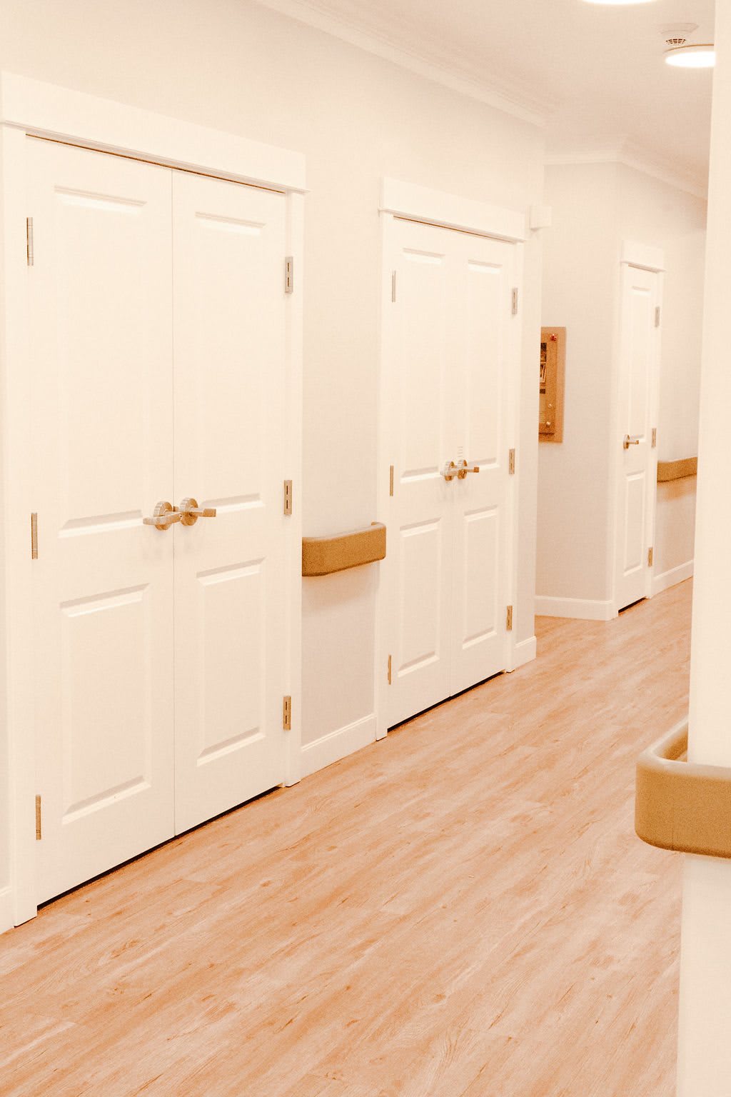 A bright hallway with multiple doors and a wooden floor.