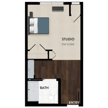 A floor plan of a studio apartment featuring a combined sleeping and living space, with a separate bathroom.