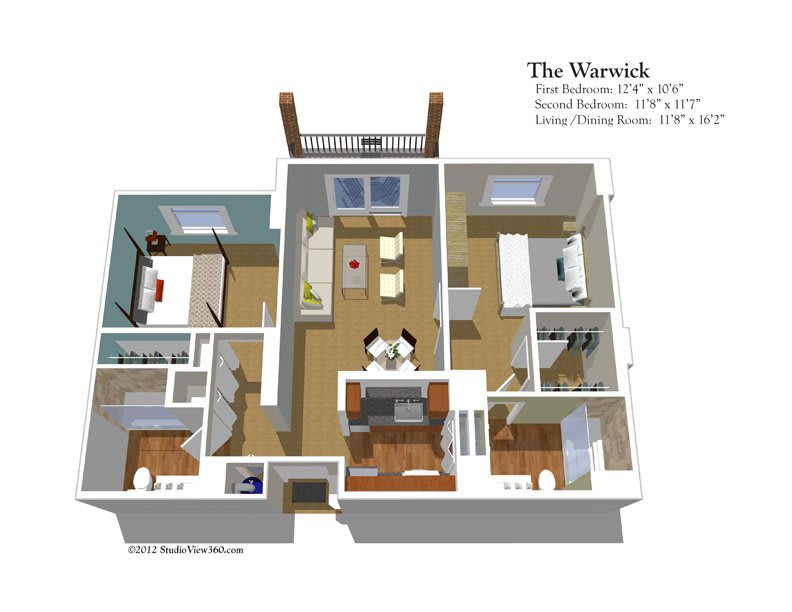3D floor plan of a two-bedroom apartment with labeled areas for living, dining, and kitchen spaces.