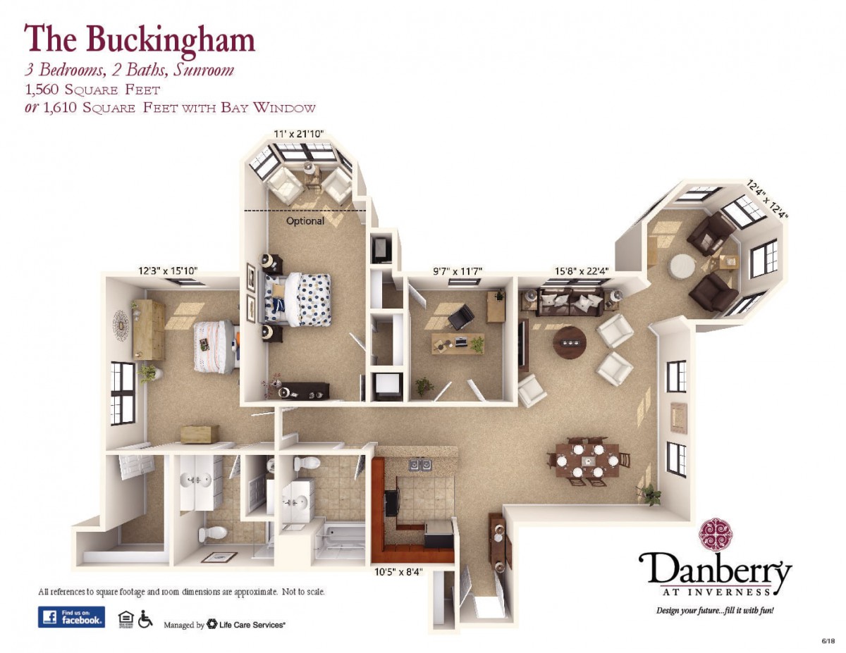 A detailed floor plan of a two-bedroom, two-bathroom apartment, showcasing furniture arrangement and room dimensions.