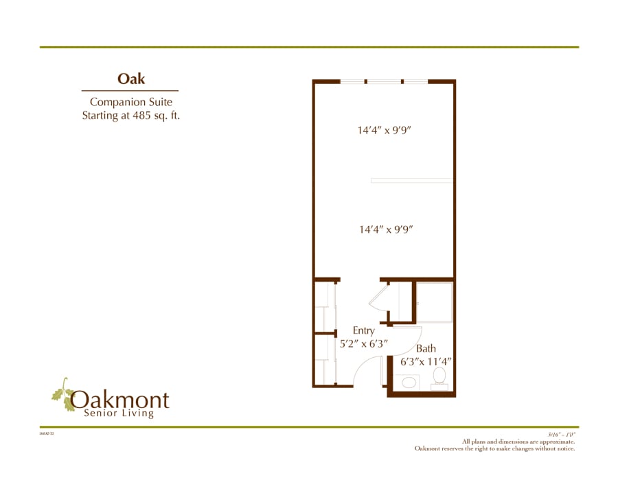 Floor plan of an Oakmont studio apartment suite.