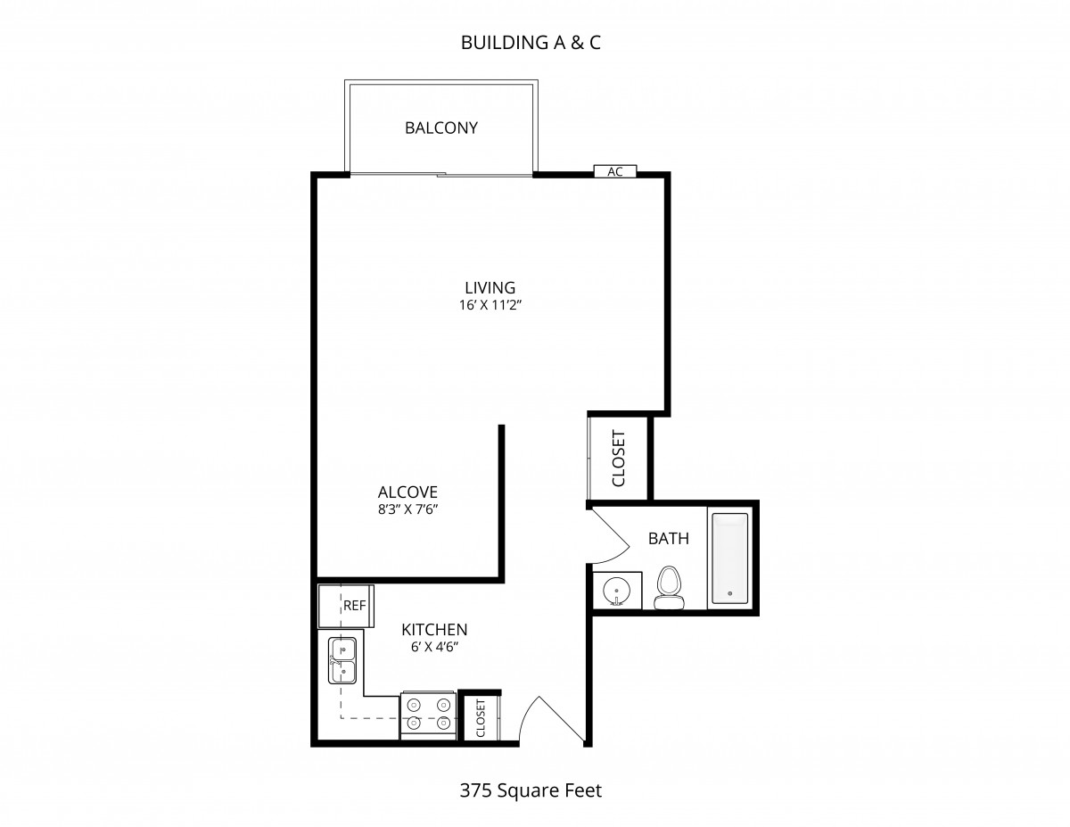 A floor plan of a 375 square foot studio apartment with a living area, kitchen, bathroom, and balcony.