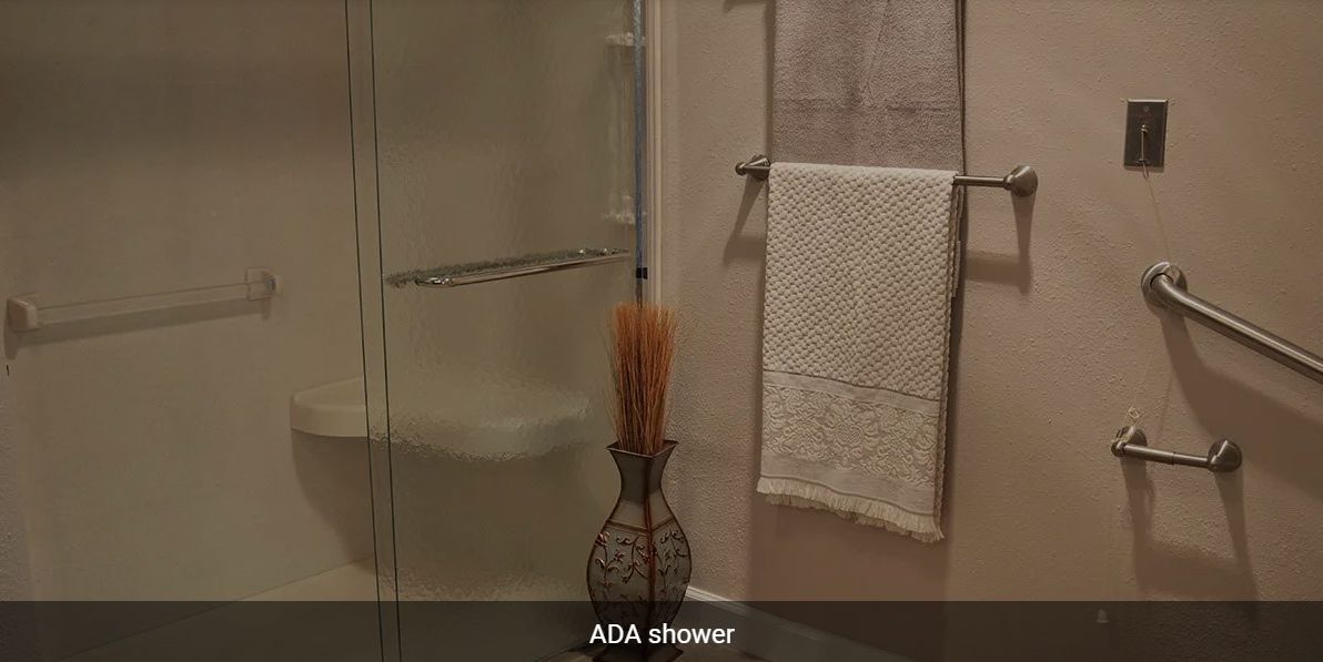 An ADA-compliant shower in a modern bathroom.