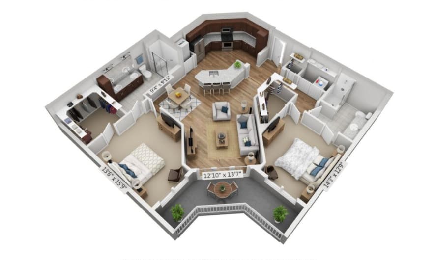 A 3D rendered floor plan of a modern apartment featuring two bedrooms, a spacious living area, and a central kitchen.