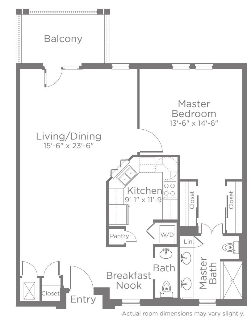 A detailed floor plan of an apartment, showing the layout of rooms including a living/dining area, master bedroom, kitchen, breakfast nook, bathroom, and balcony.