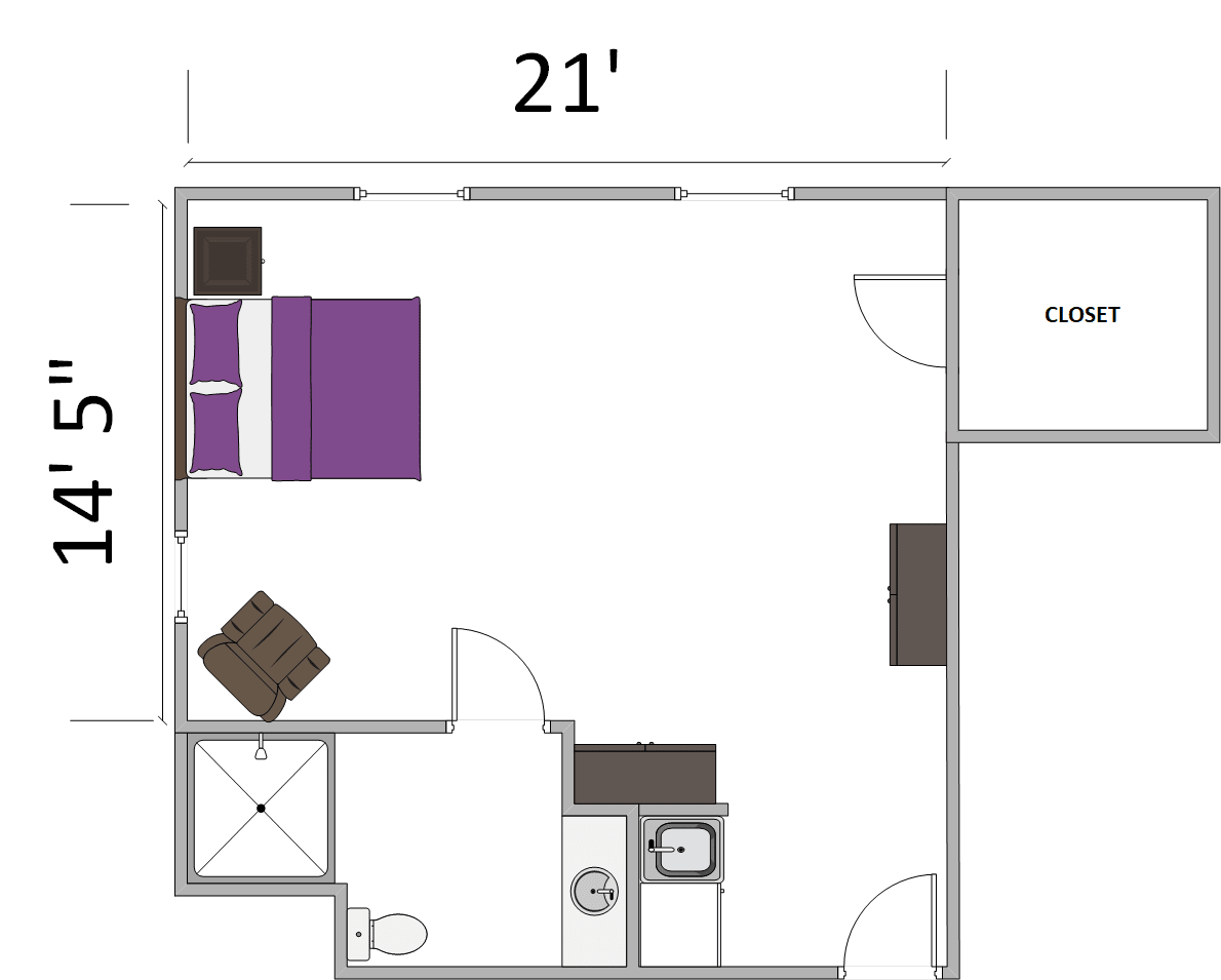 A floor plan of a small apartment with a bedroom, bathroom, and living area.