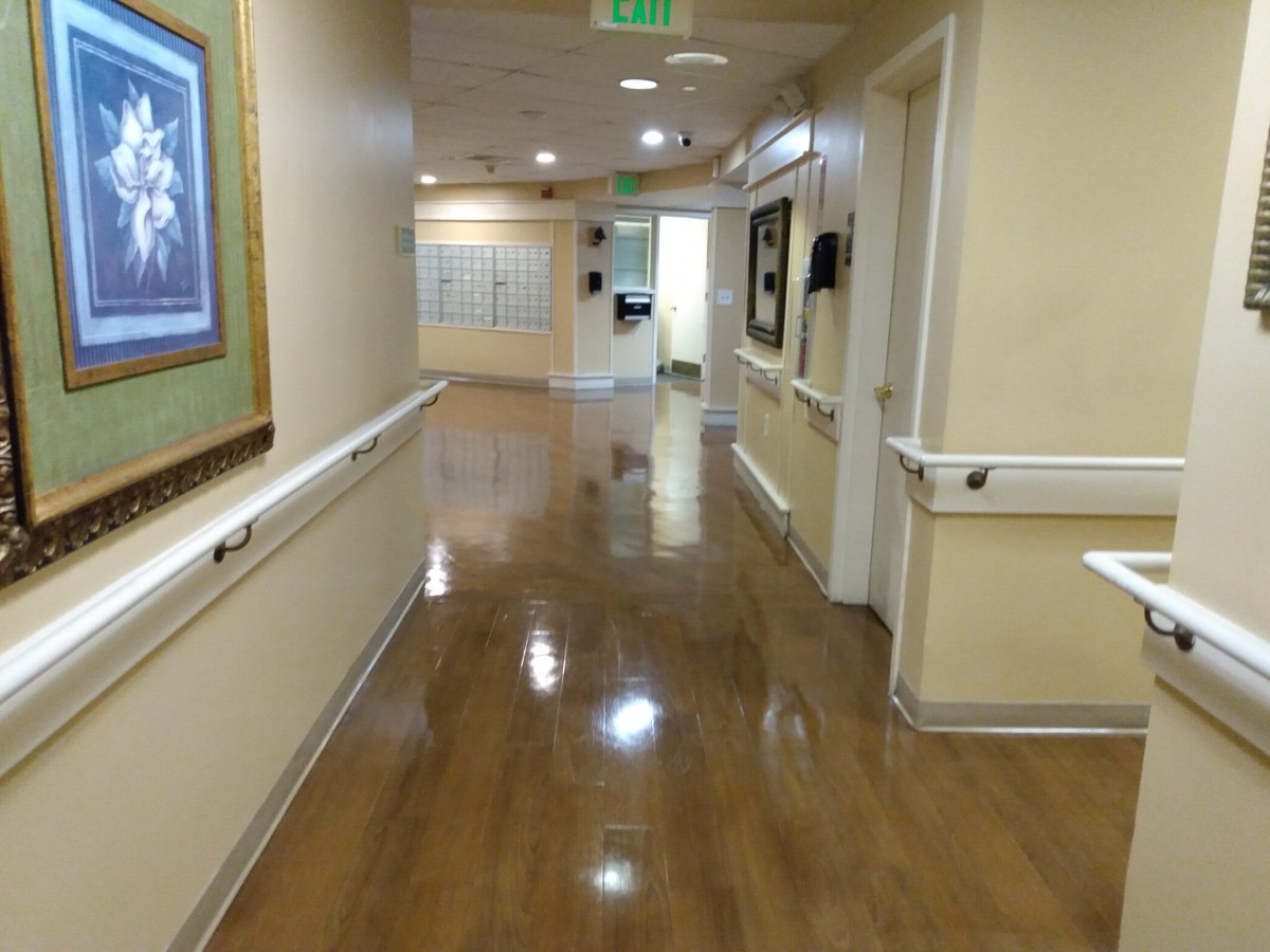 A clean and empty hallway in a healthcare facility, featuring handrails and artwork on the walls.