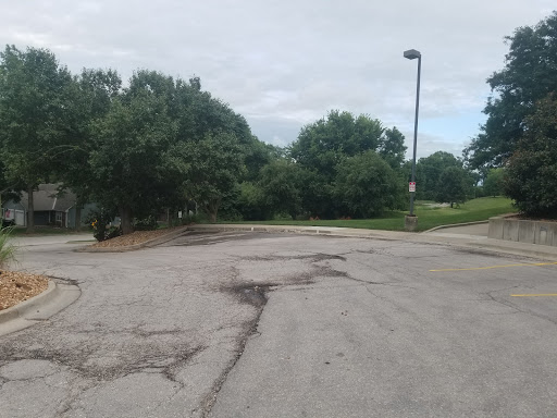 A deserted parking lot surrounded by trees on a cloudy day.