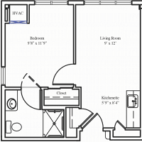 A floor plan of a one-bedroom apartment featuring a living room, kitchen, bathroom, and bedroom.