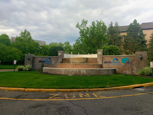 A serene outdoor fountain surrounded by lush greenery and steps leading up to it.