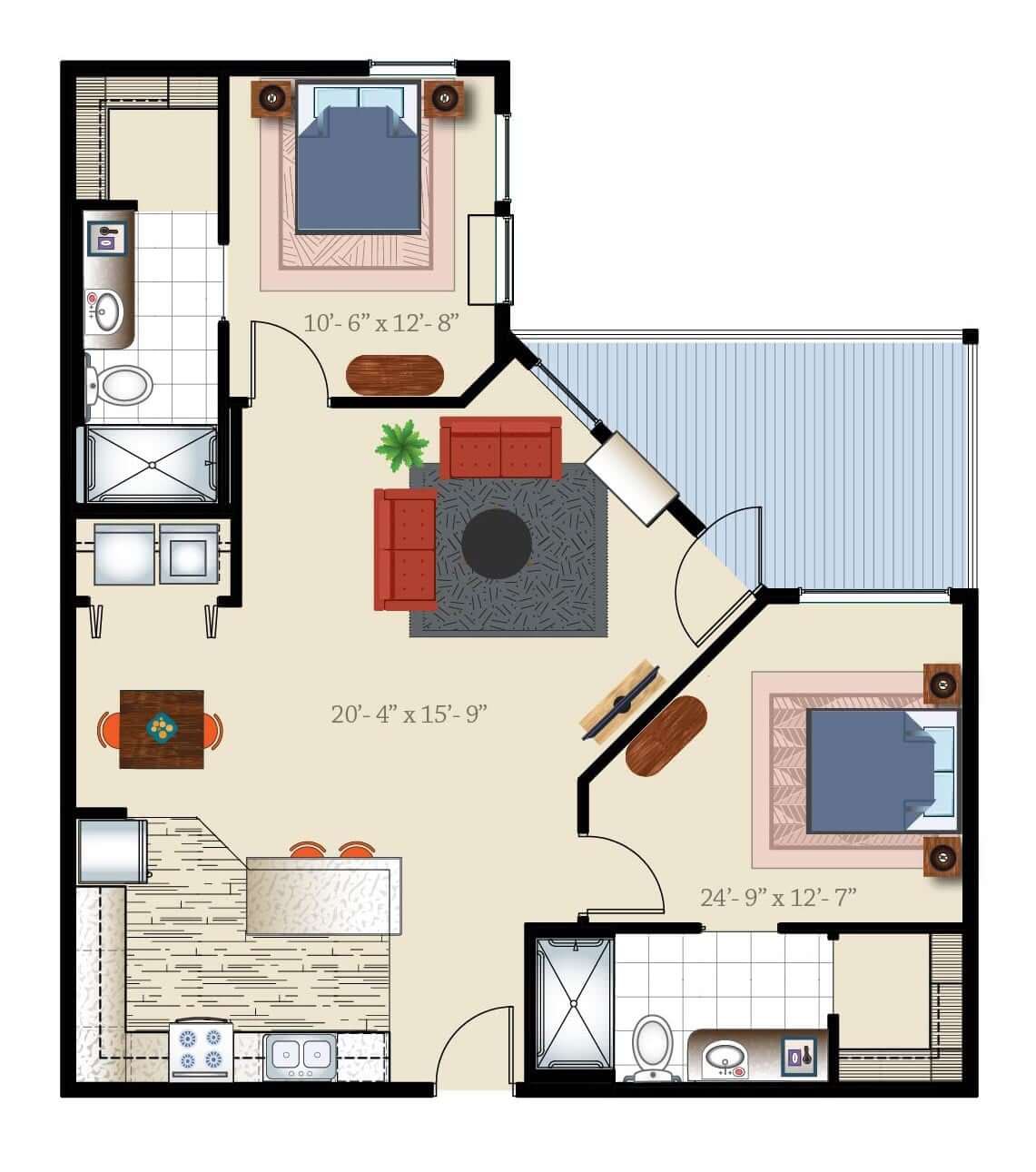 A two-bedroom apartment floor plan featuring a living room, kitchen, and two bathrooms.