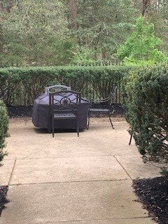 A cozy patio area with a grill and seating surrounded by greenery.