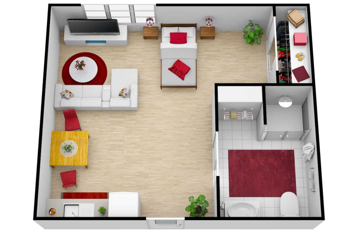 Modern apartment floor plan with a focus on open living space and stylish decor.