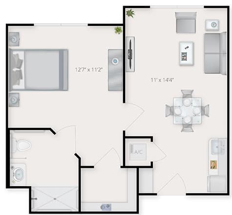A modern one-bedroom apartment floor plan featuring a kitchen, living room, and bathroom.