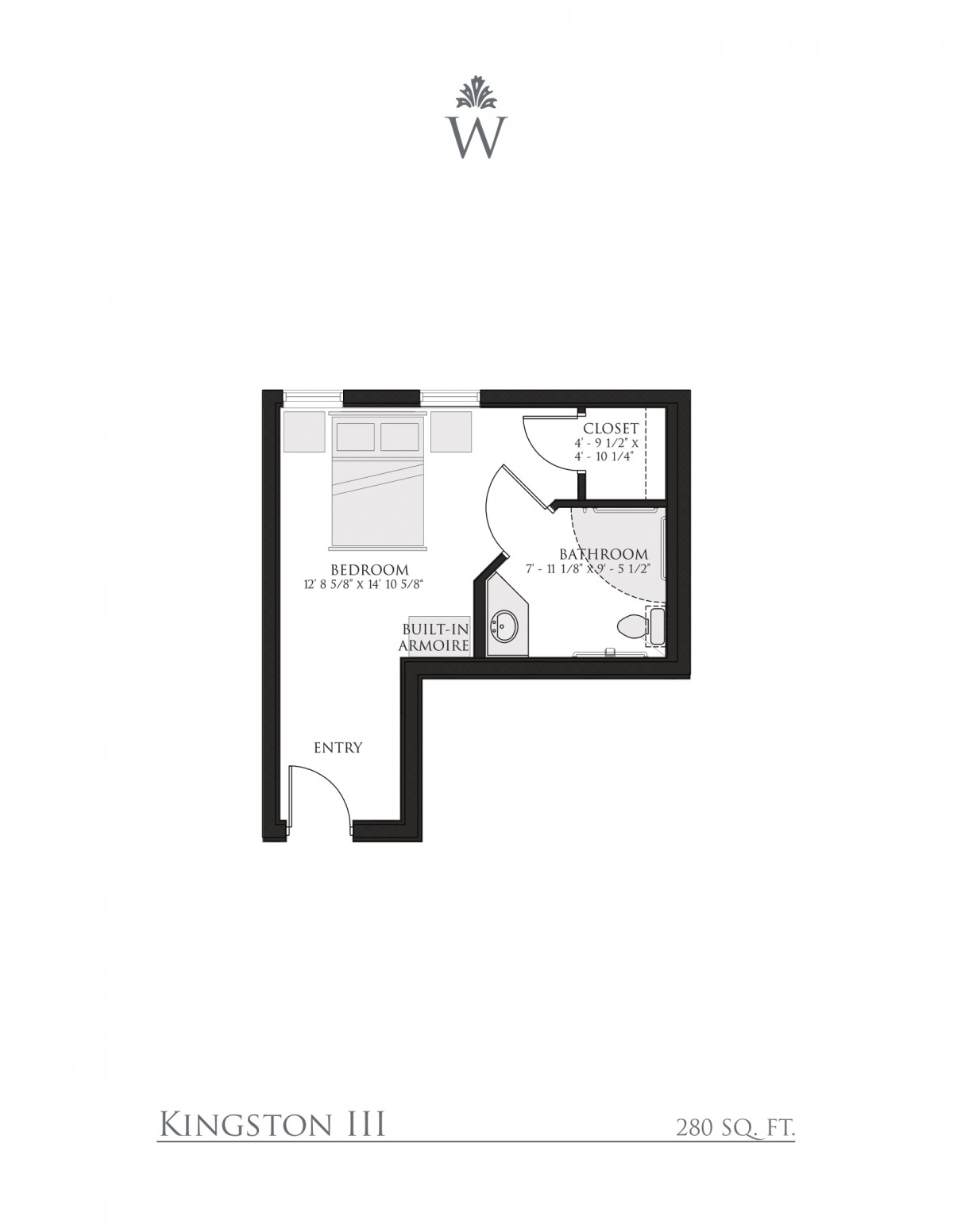 A compact floor plan of an apartment featuring a bedroom and bathroom.