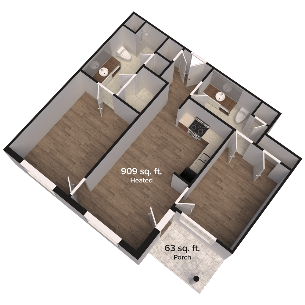 3D floor plan of a two-bedroom apartment highlighting interior layout.