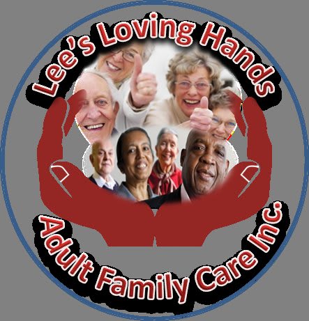 Logo for Lee's Loving Hands Adult Family Care Inc. featuring a group of smiling elderly individuals.
