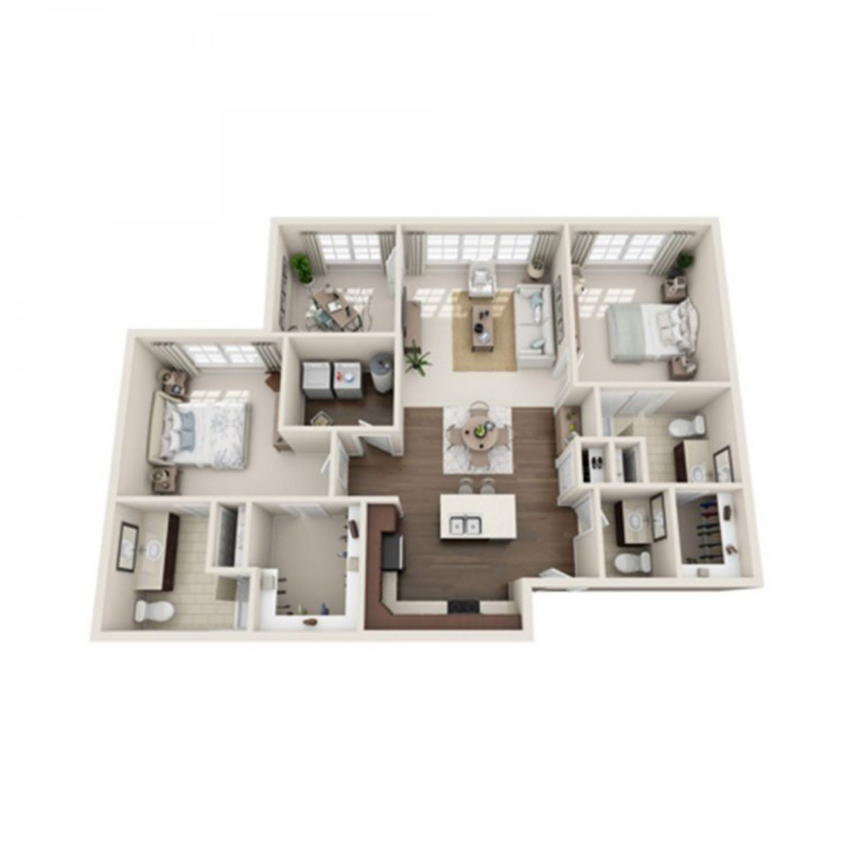 A 3D rendering of a residential apartment floor plan.