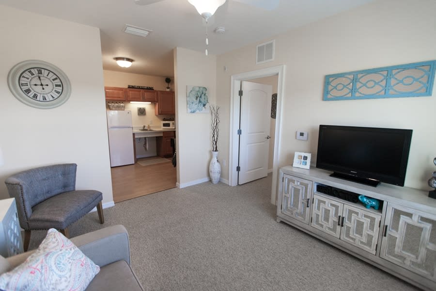 A cozy living room with a view of the kitchen, featuring modern furniture and decor.