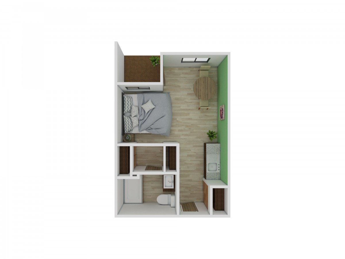 A minimalist one-bedroom apartment floor plan with a bathroom, kitchen, and living area.