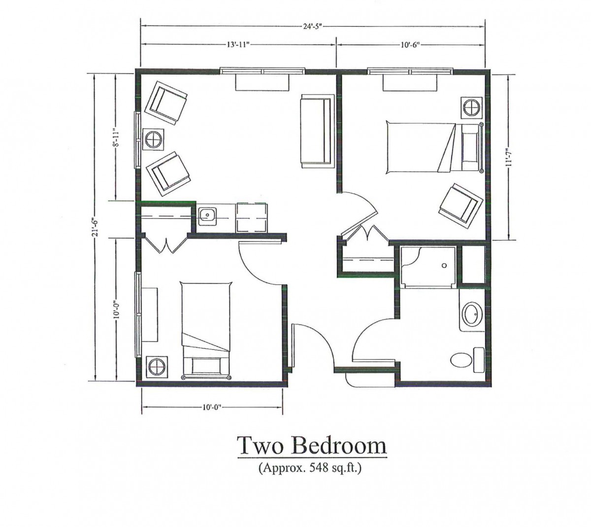 A detailed floor plan of a two-bedroom apartment showing layout and room dimensions.