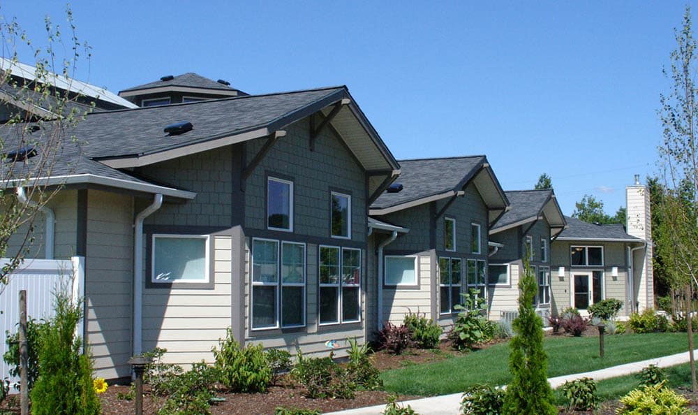 A row of modern suburban houses with landscaped gardens under a clear blue sky.