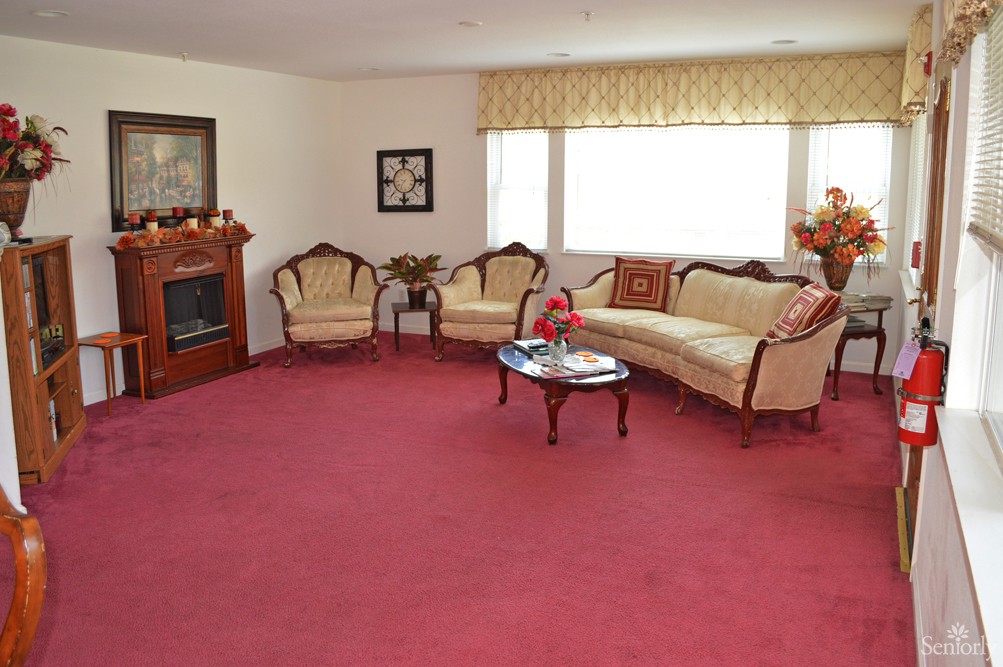 A well-furnished living room with vintage-style furniture and a red carpet.
