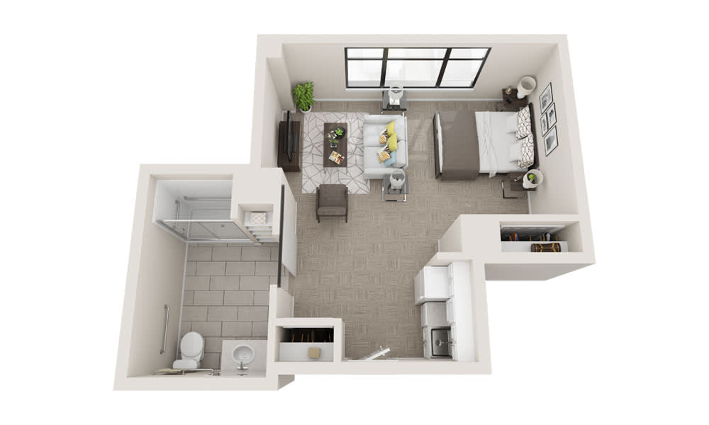 Studio apartment floor plan with a bedroom, living area, bathroom, and kitchen.