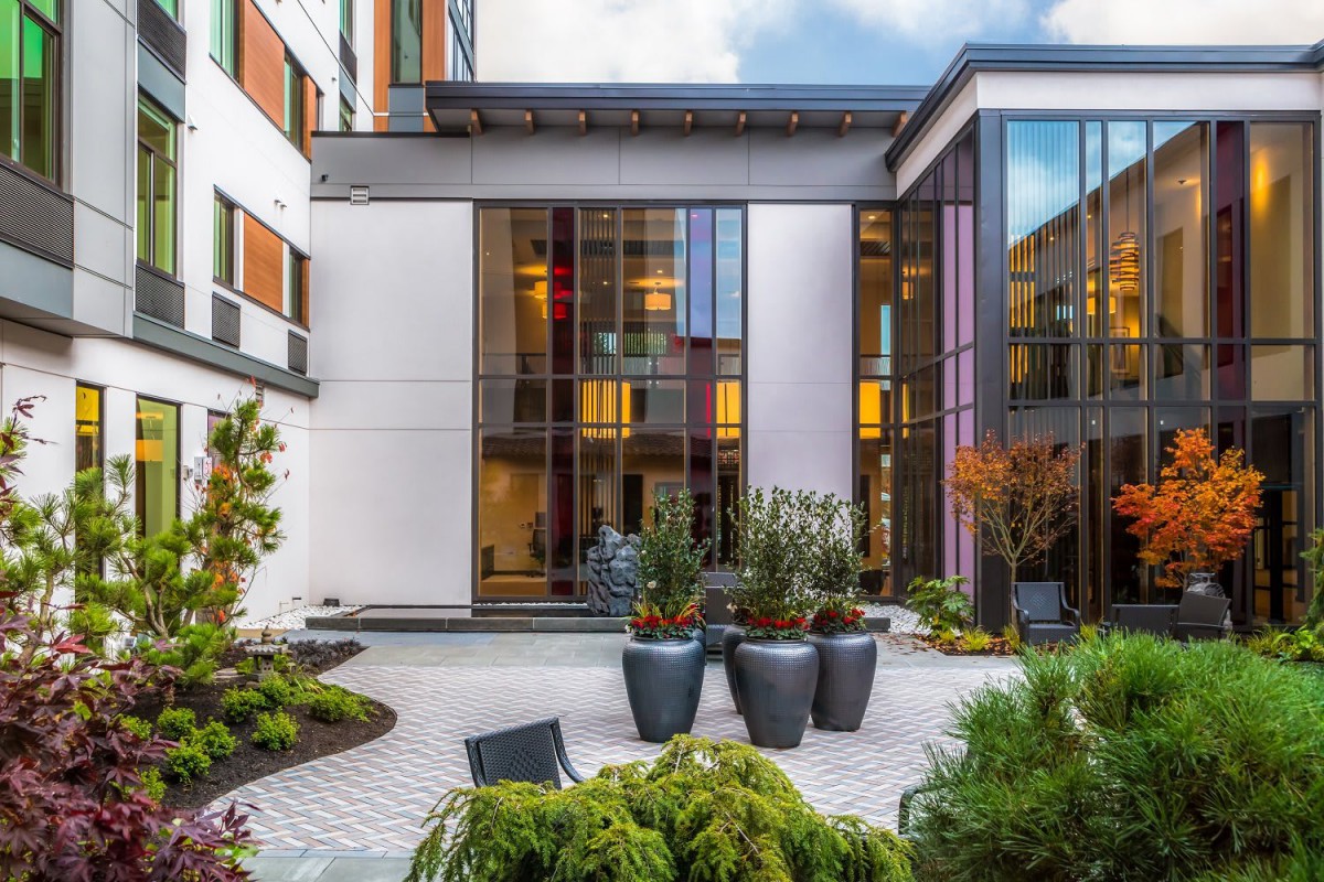 A modern courtyard with large windows, potted plants, and outdoor seating.