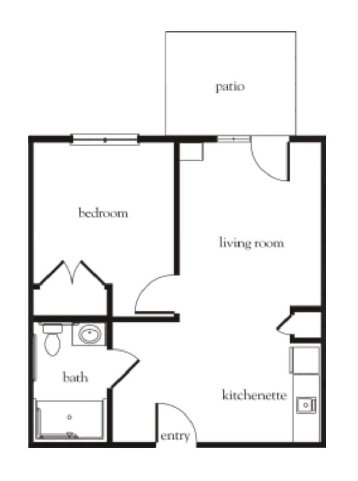 Simple floor plan of a one-bedroom apartment with living room, kitchen, bathroom, and patio.