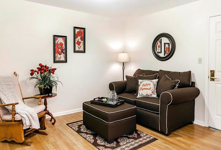 A cozy living room with a dark brown sofa, matching ottoman, wall art, and an indoor plant.
