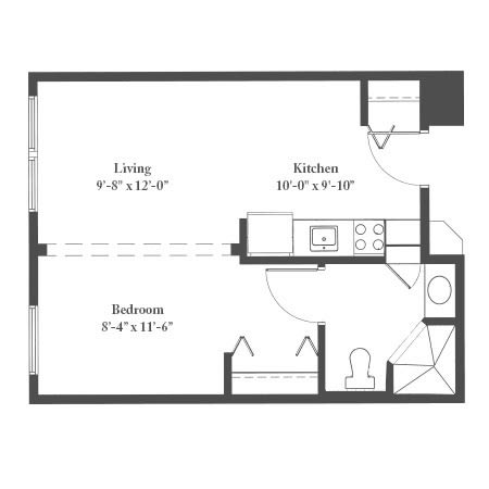 A simple apartment floor plan with designated areas for living, kitchen, bedroom, and bathroom.