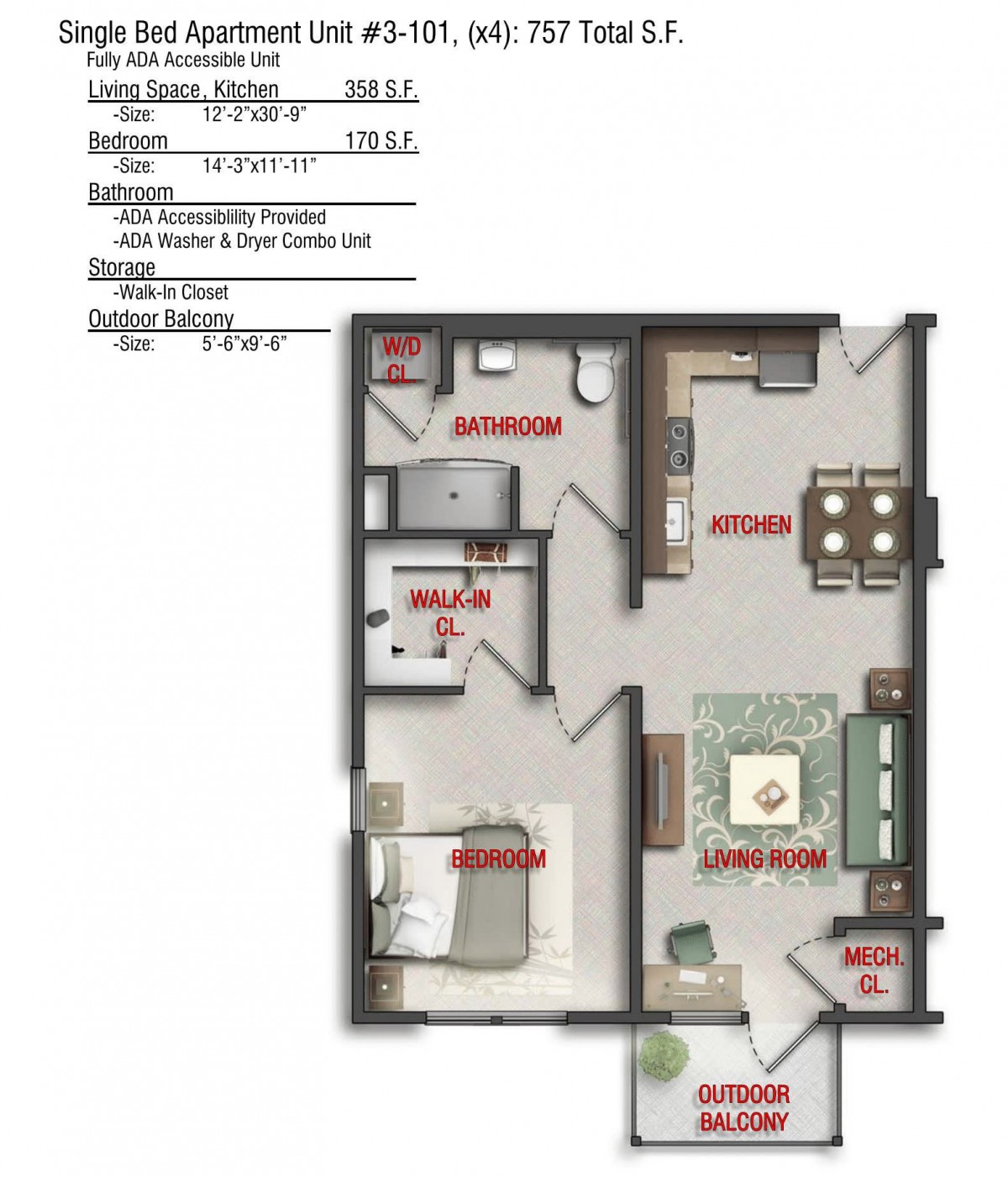 A detailed floor plan of a two-bedroom apartment, including a living room, kitchen, and bathroom.