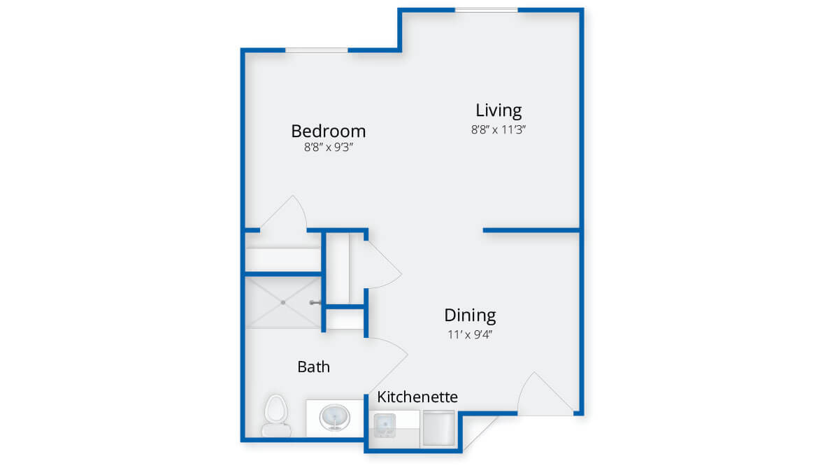 A floor plan of a one-bedroom apartment layout with designated areas for living, dining, kitchenette, bedroom, and bathroom.