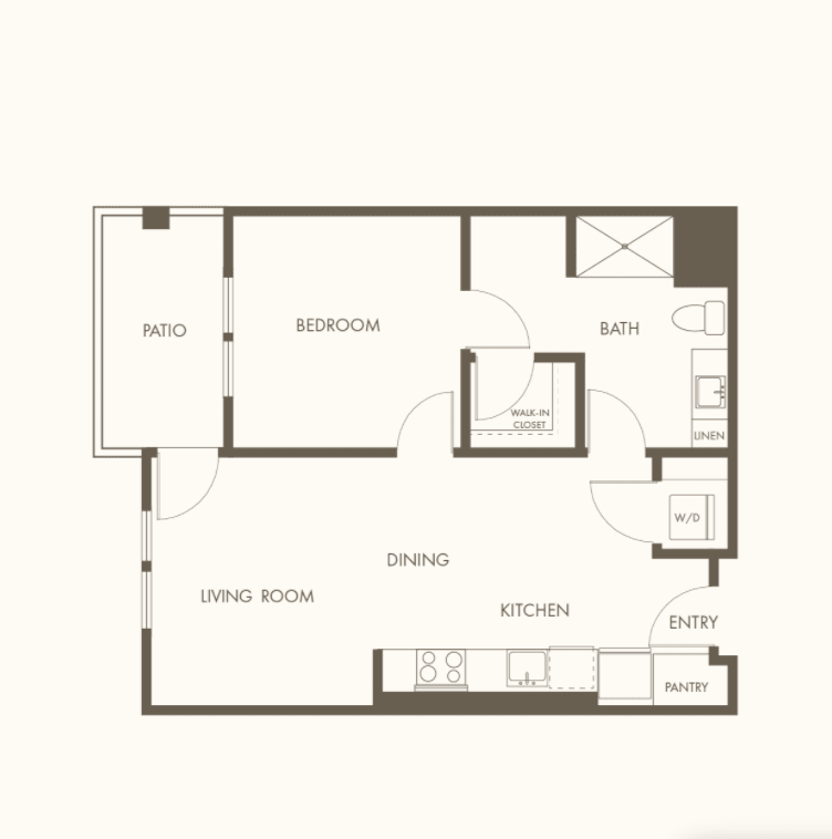 A simple apartment floor plan featuring a bedroom, bathroom, kitchen, and living area.