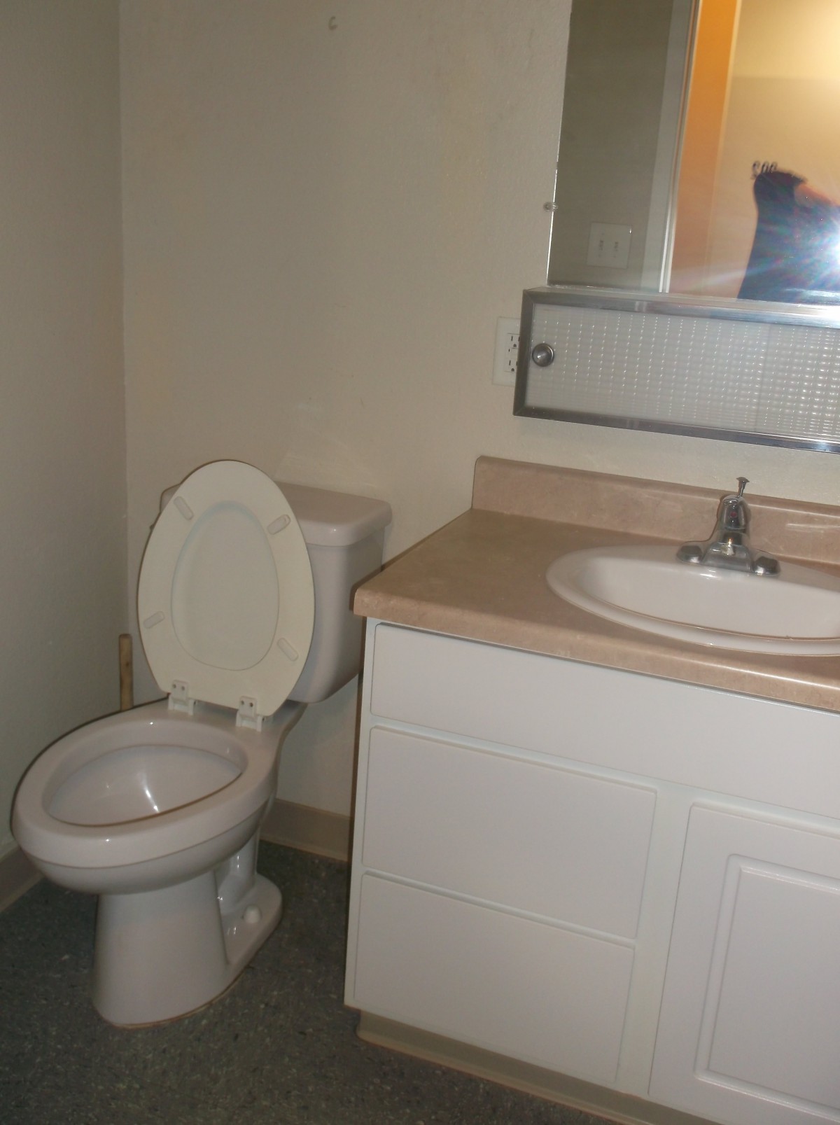 A small bathroom featuring a toilet, sink, and mirror.