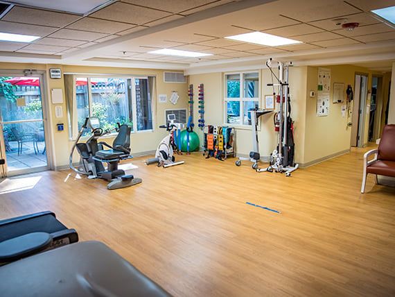 A spacious gym with various exercise equipment and a bright atmosphere.