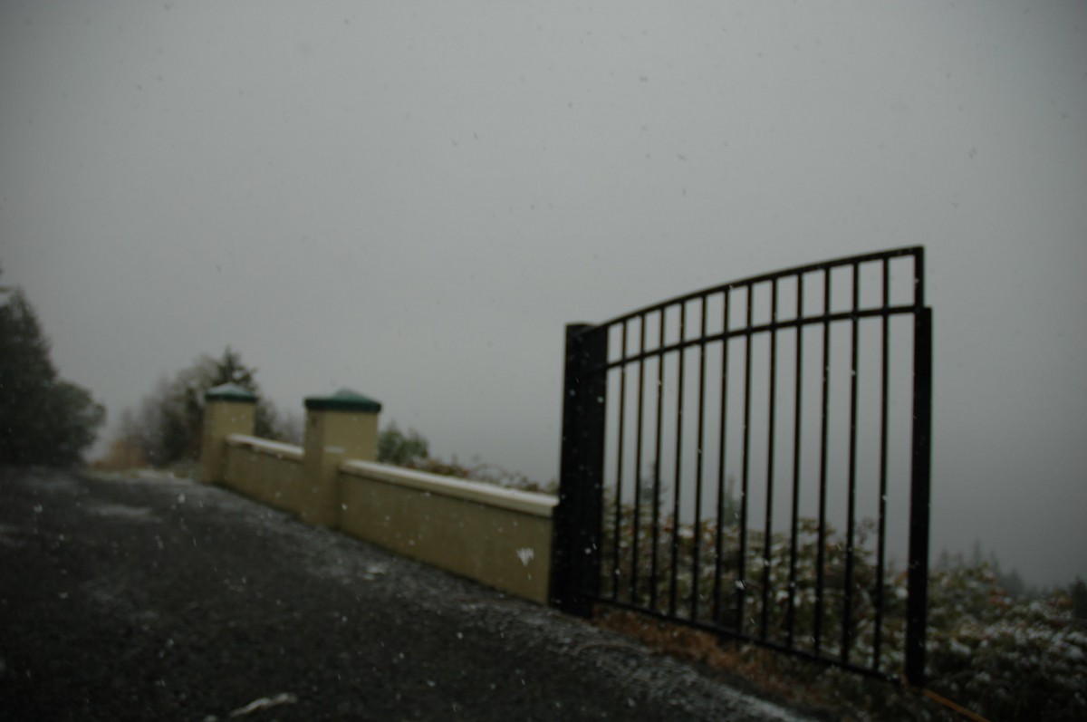 A foggy view of a gated road with limited visibility.