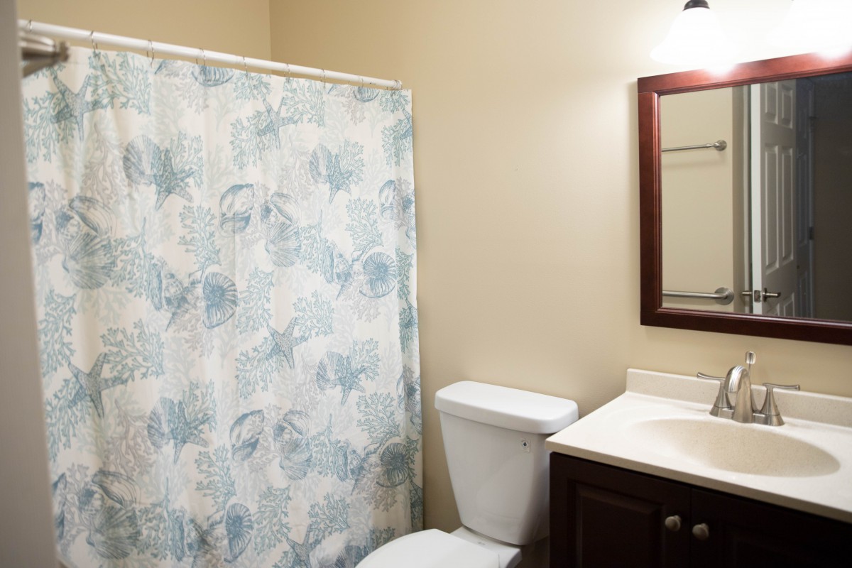 A bathroom with a shower curtain, toilet, sink, and mirror.