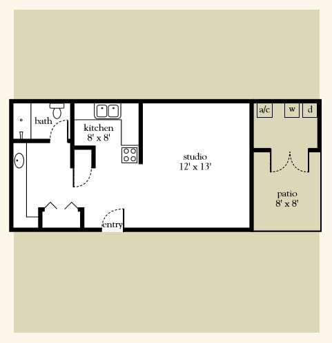 Studio apartment floor plan with patio and kitchen layout.