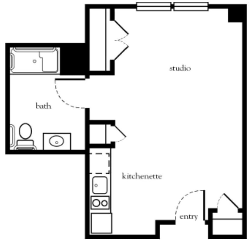 A floor plan of a studio apartment with a bathroom and kitchenette.