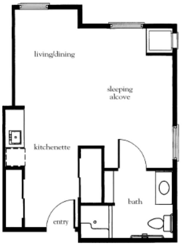 Studio apartment floor plan with kitchenette, living area, sleeping alcove, and bathroom.