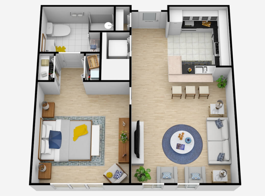 A 3D floor plan of a one-bedroom apartment with a kitchen, living room, and bathroom.