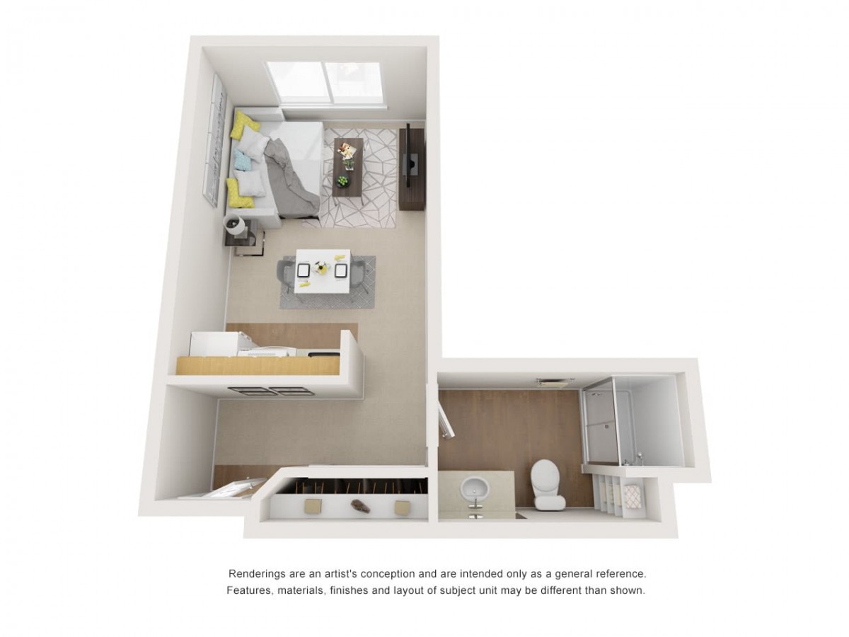 A 3D rendered floor plan of a studio apartment, showcasing a compact living space with kitchen and bathroom.