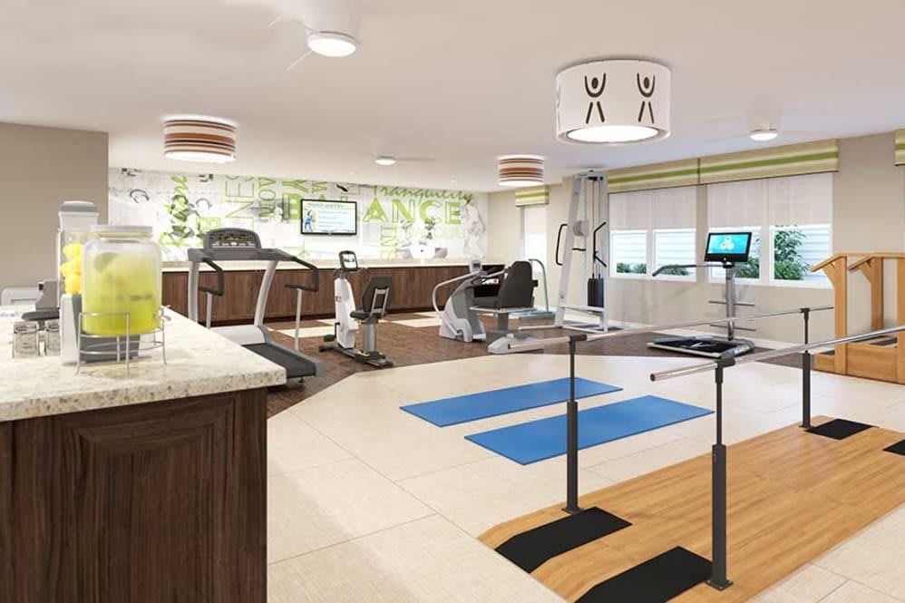 A modern gym featuring a variety of exercise equipment and spacious workout areas.