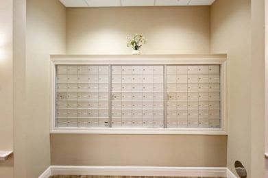 A wall-mounted array of secure mailboxes in a well-lit indoor space.